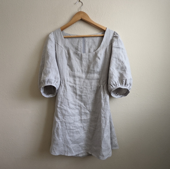 Linen Puff Sleeve Dress Light Gray - Picture 2 of 8